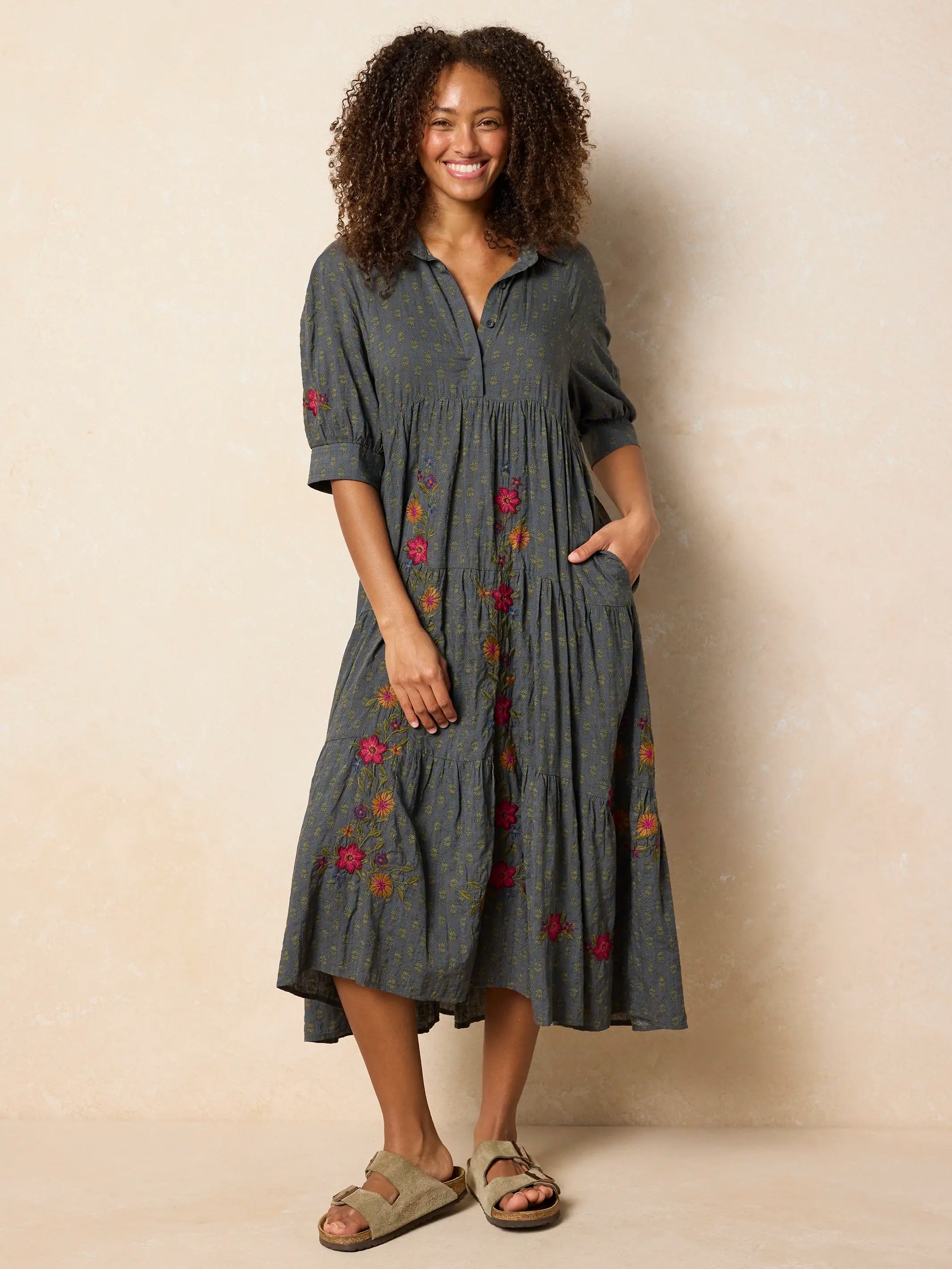 Rebecca Embroidered Midi Dress - Alma Stamp Charcoal – Natural Life