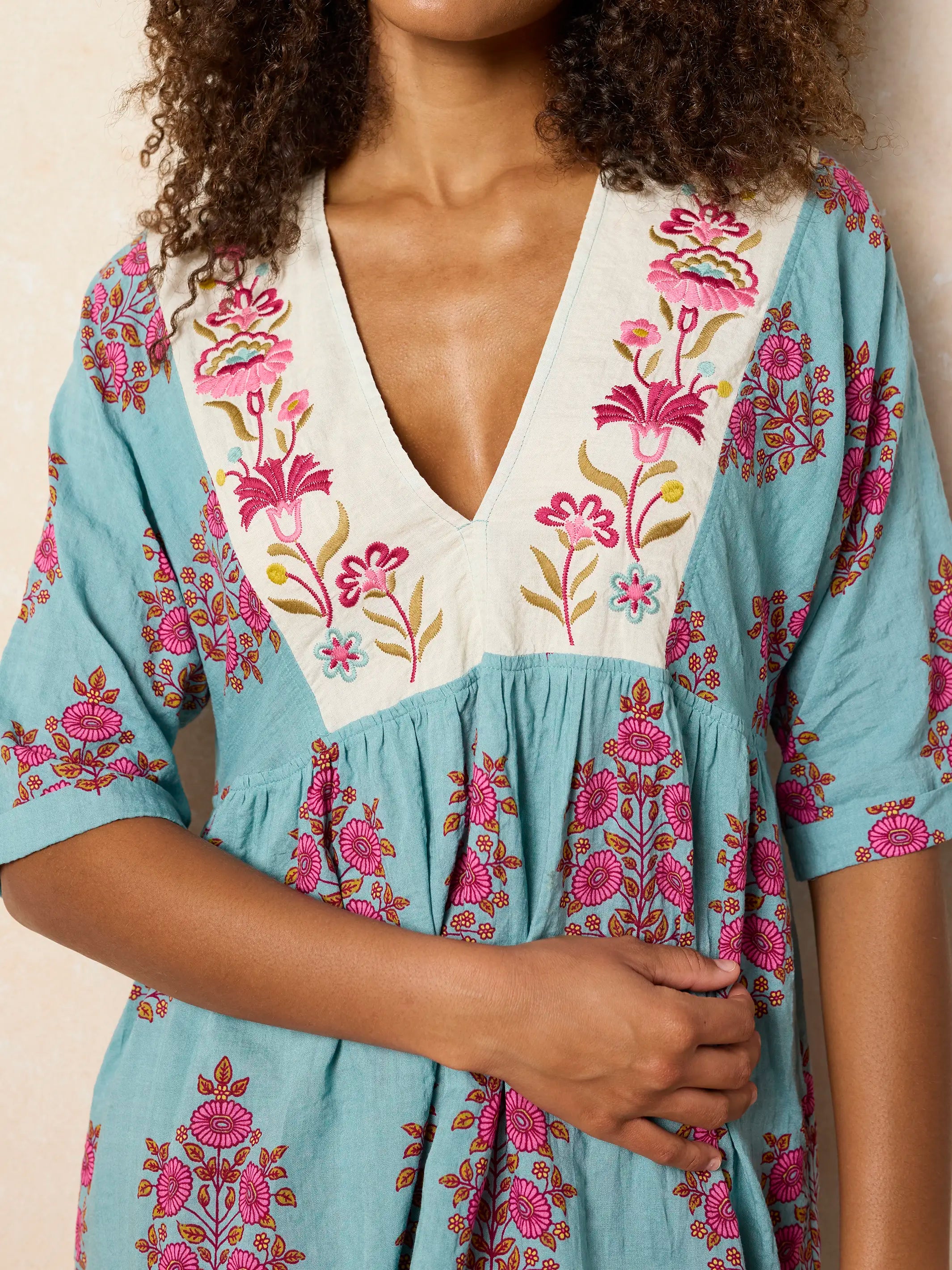 Embroidered Stella V-Neck Mini Dress