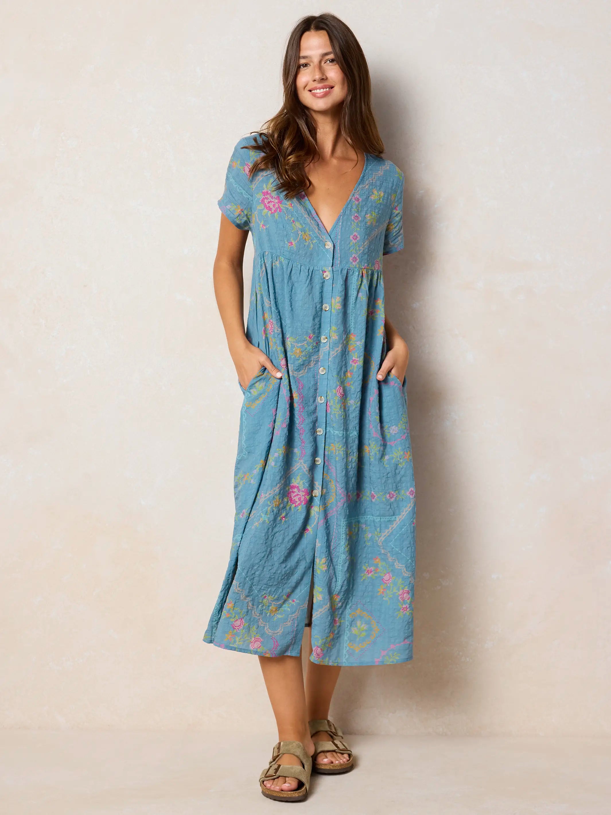 Avery Midi Dress - Heirloom Cross Stitch Blue  Natural Life