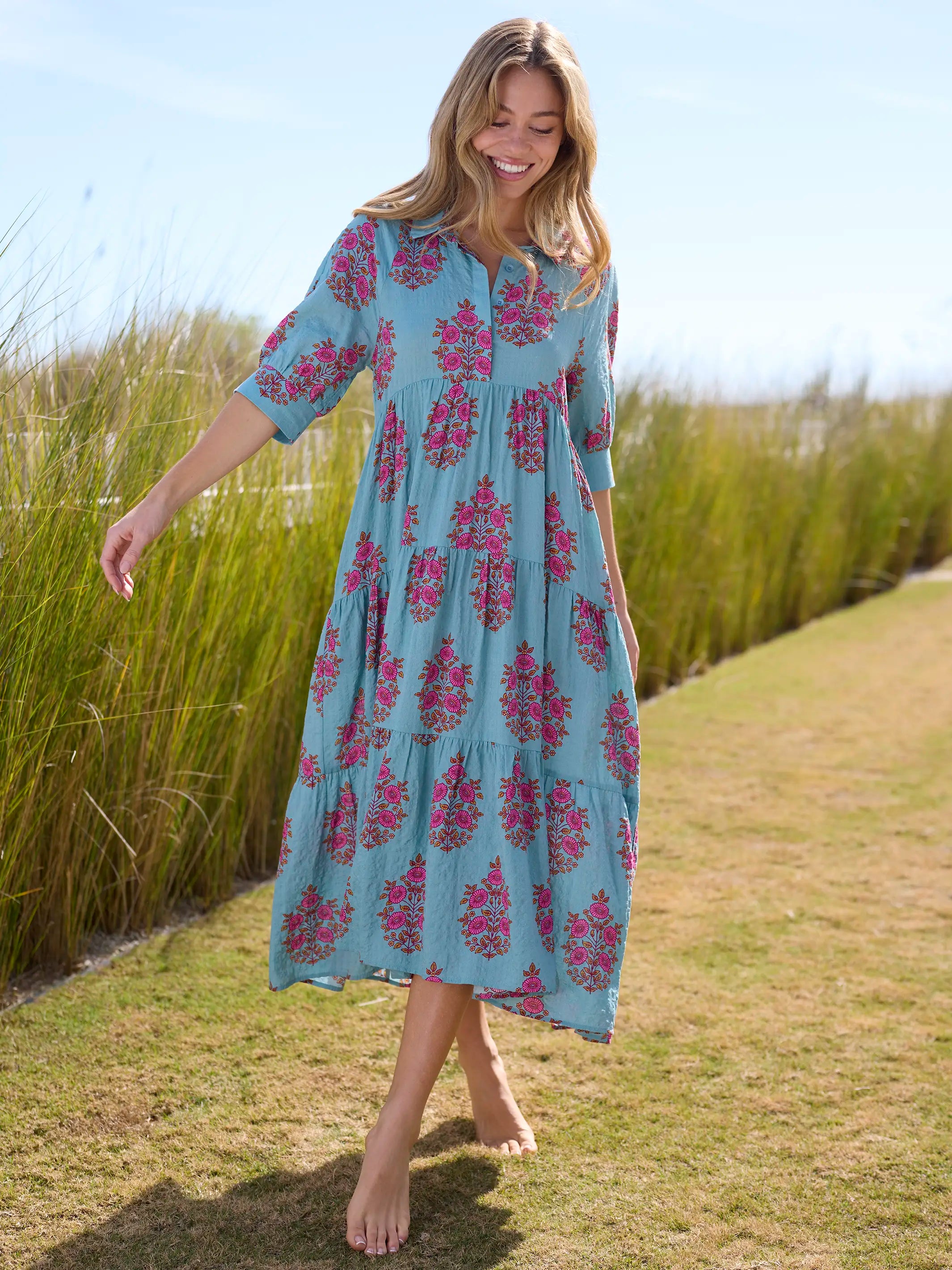 Rebecca Midi Dress - Teal Wildflower Medallion  Natural Life