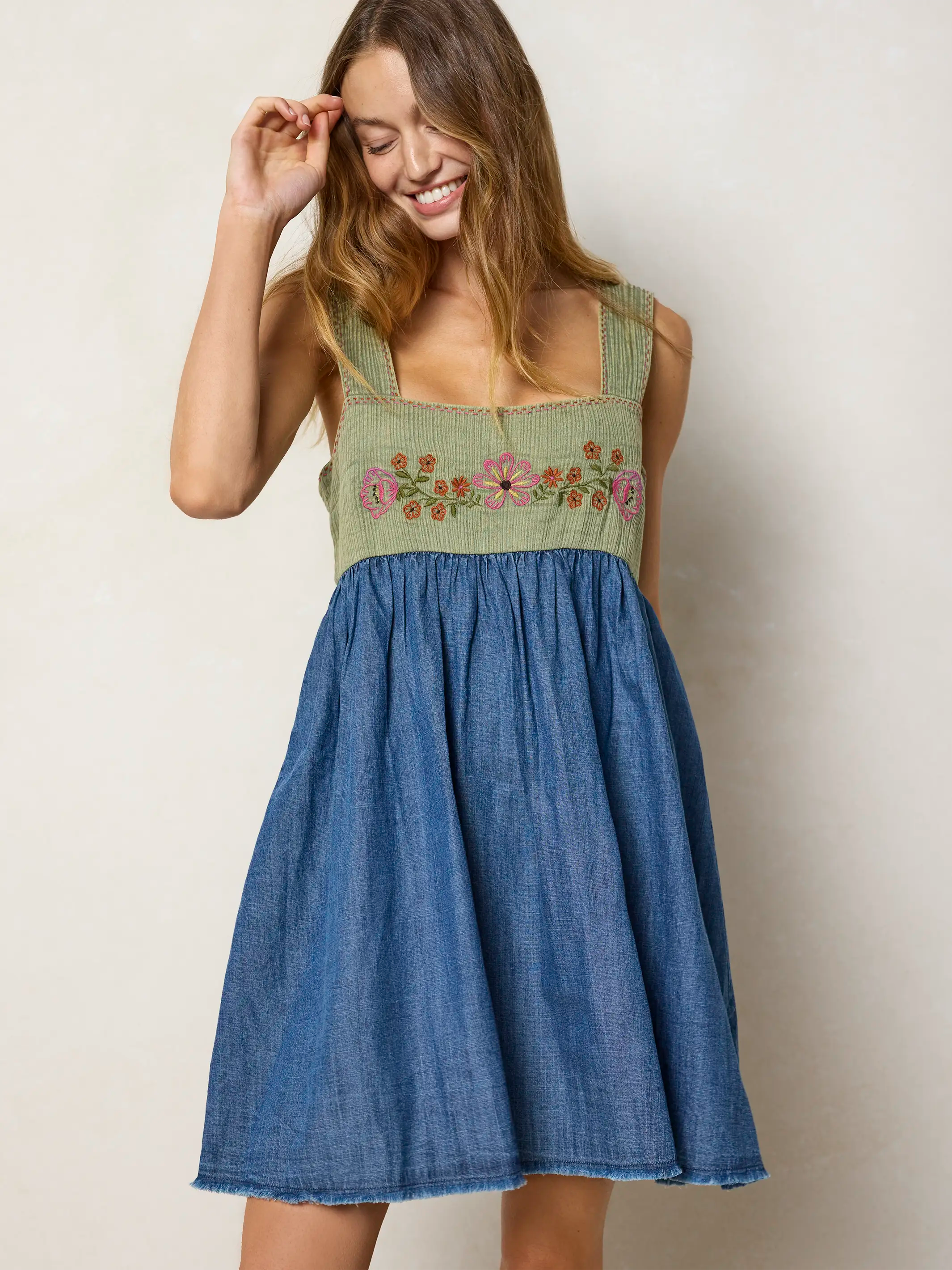 embroidered denim dresses Tricia Mini Dress naughty santa outfits Slight Strech LOOK FAMILIAR? The viral Color:Midnight Peony Print