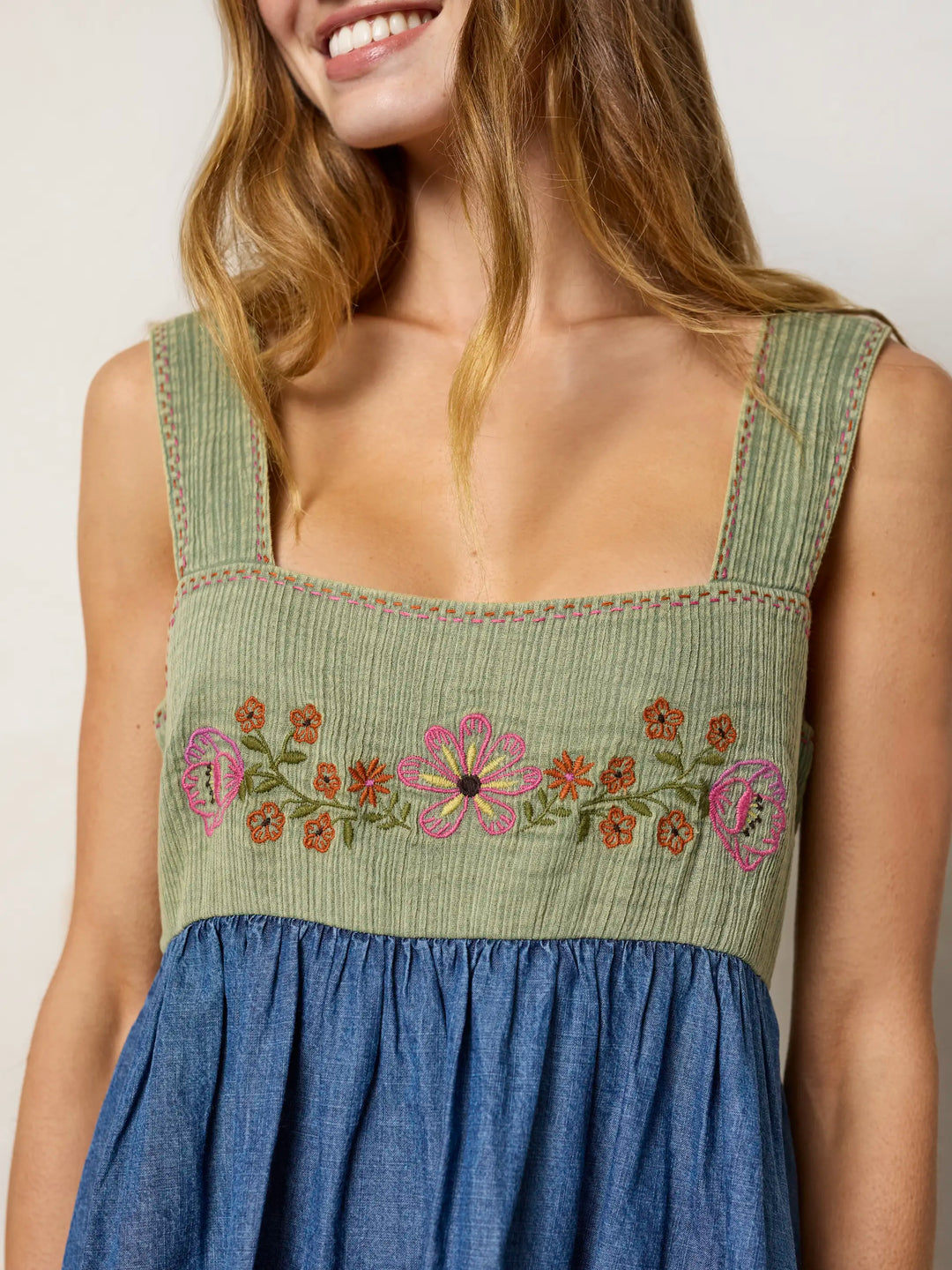 green denim dress Tricia Embroidered Mini a curved square V Neck Navy Blue Color:Rose Print collection:summer-markdowns