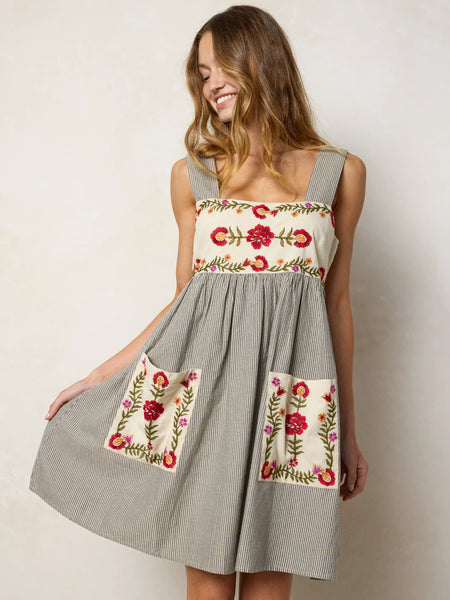 linen corded embroidered strappy woven mini dress Embroidered Mini Dress In Linen-cotton Blend For Women
