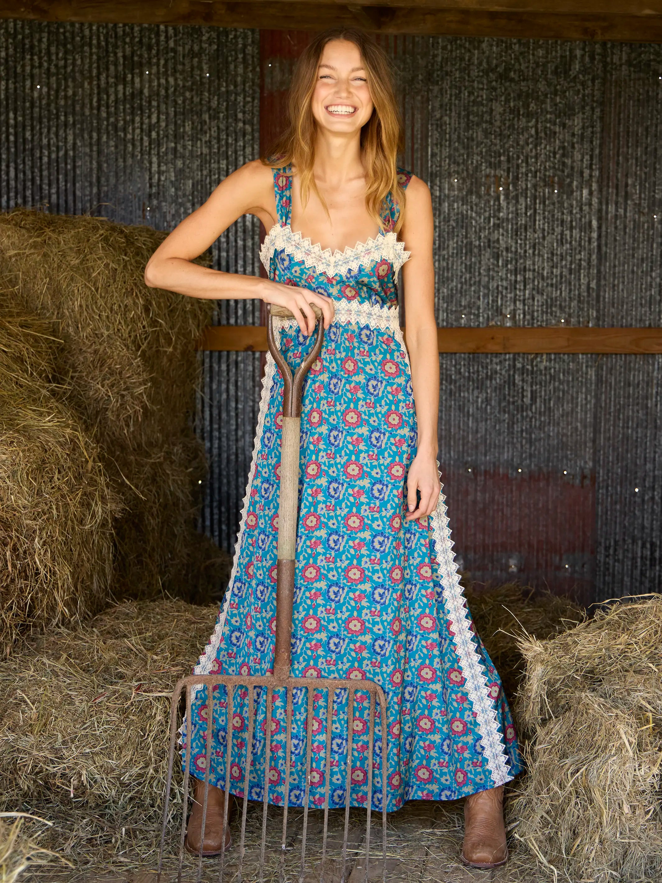 Tennessee Lace Trim Maxi Dress - Peony Block Teal – Natural Life