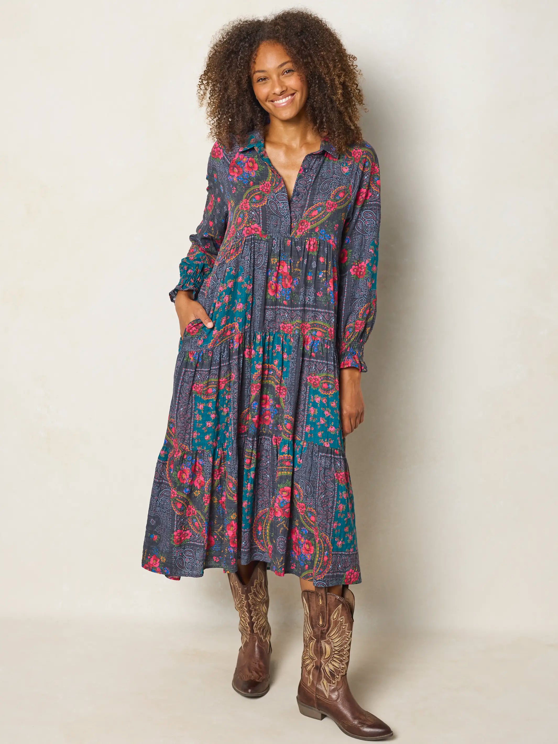 Rebecca Long Sleeve Midi Dress - Sintra Bandana Charcoal – Natural