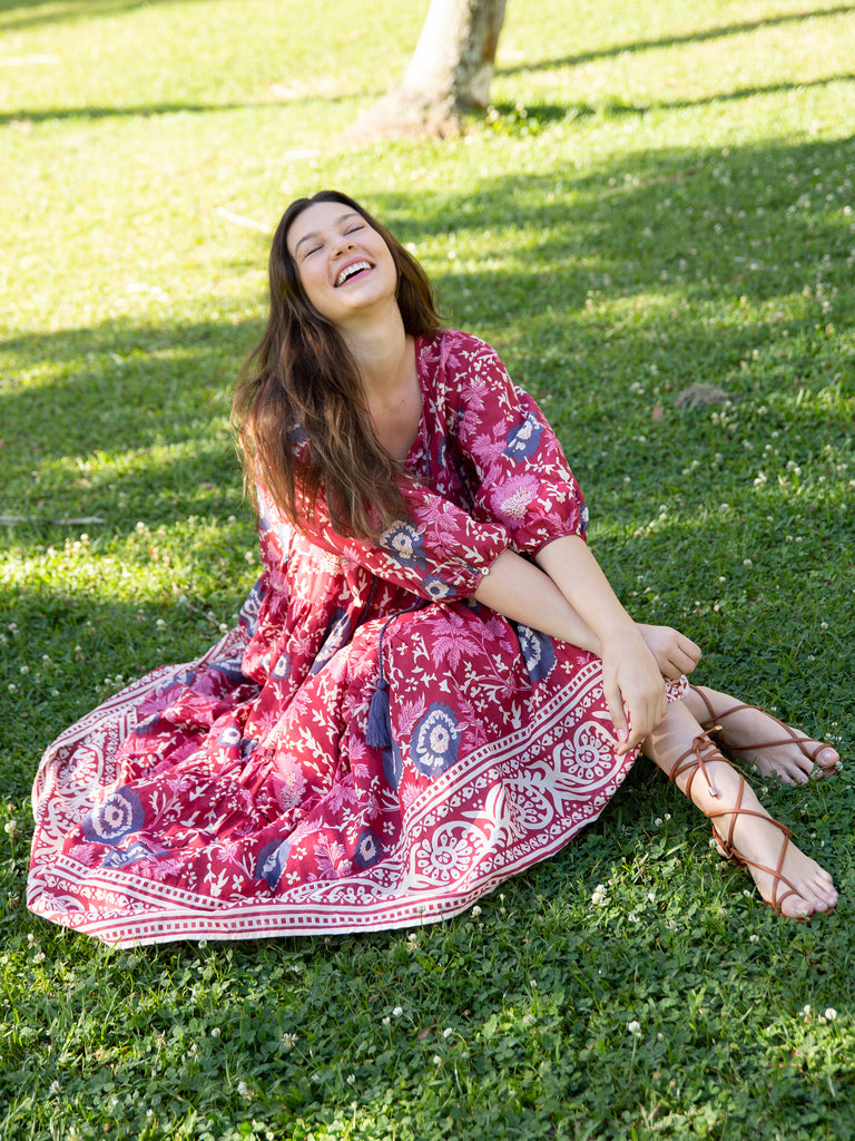 Auguste Boho Maxi Dress|Red Pink Border-view 5
