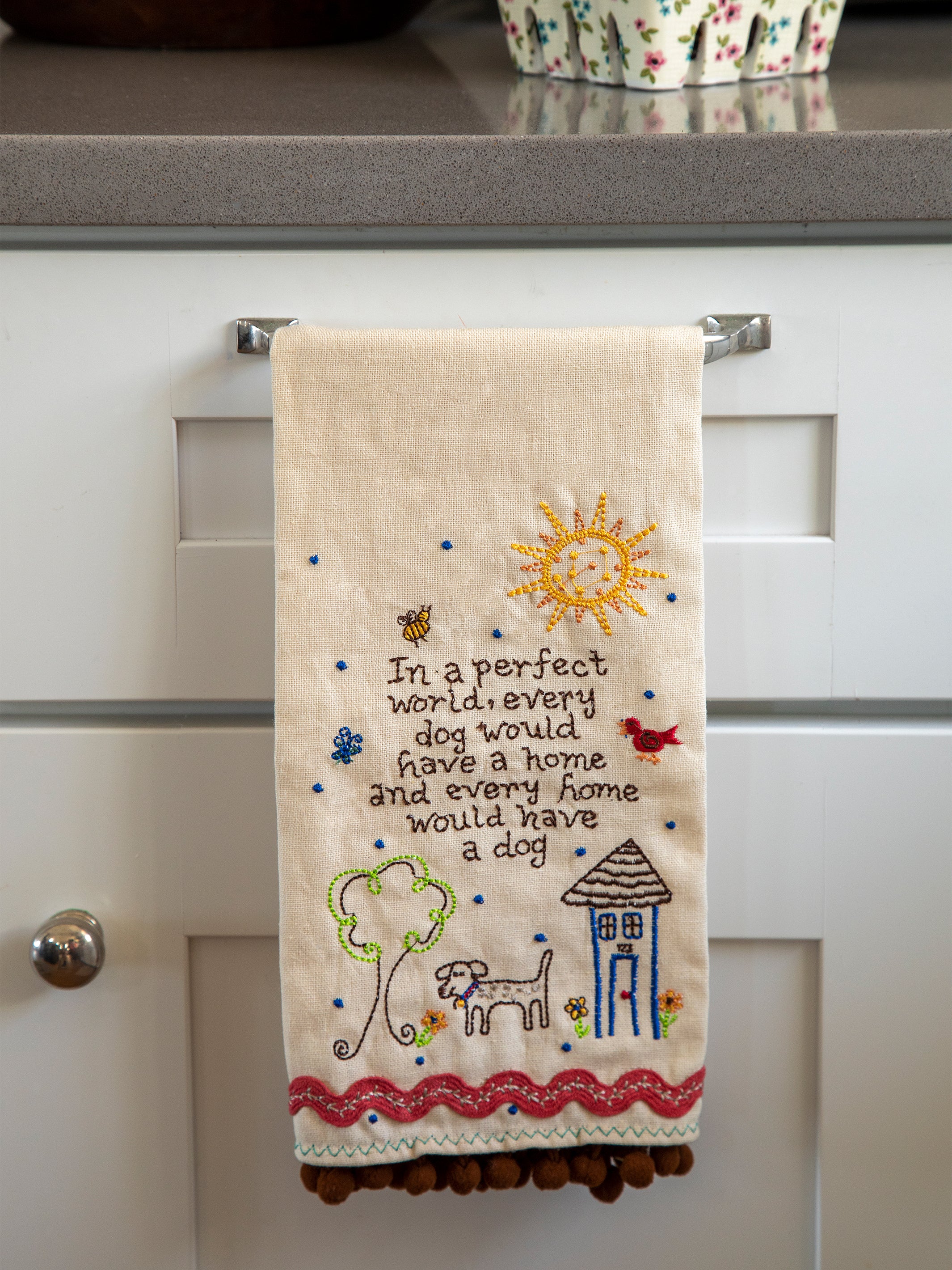 Mud Pie Life Embroidered Floral Towel - 21x14 Inch Hand Towel With French Knot Embroidery & Pom Trim