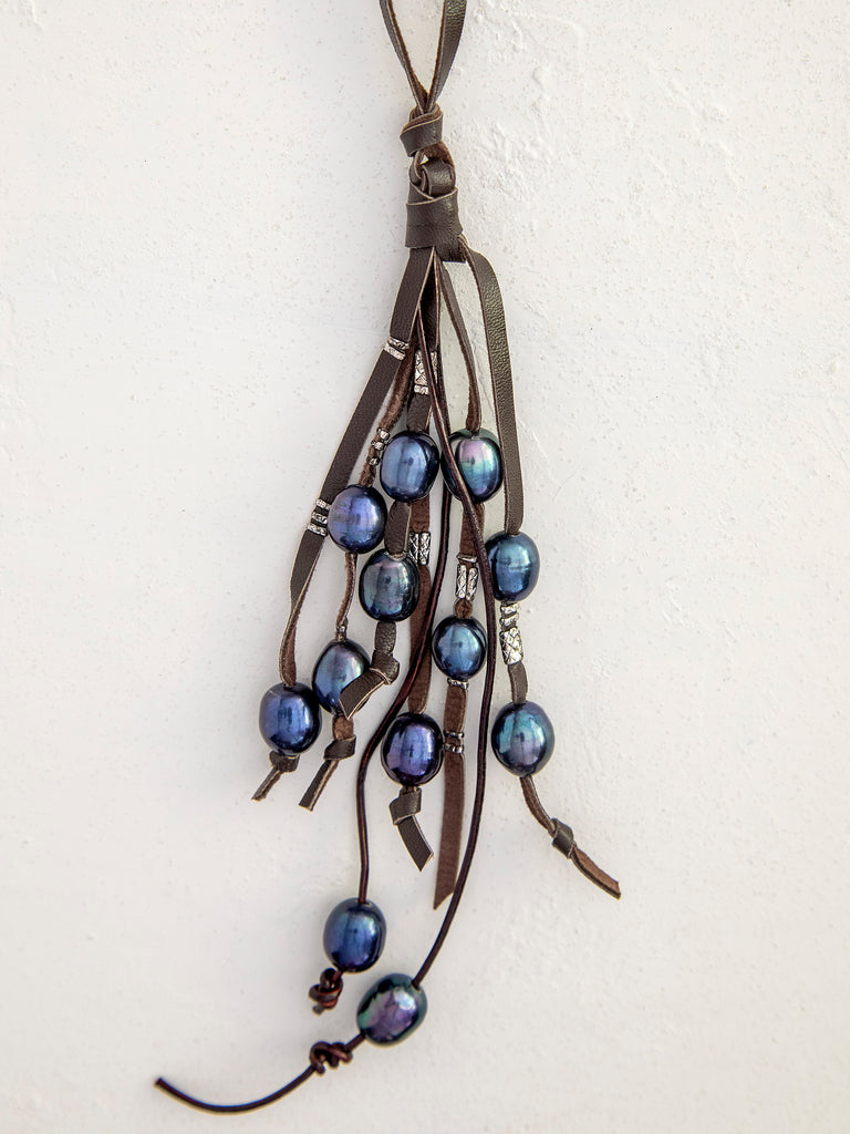 Leather & Black Pearl Boho Necklace-view 3