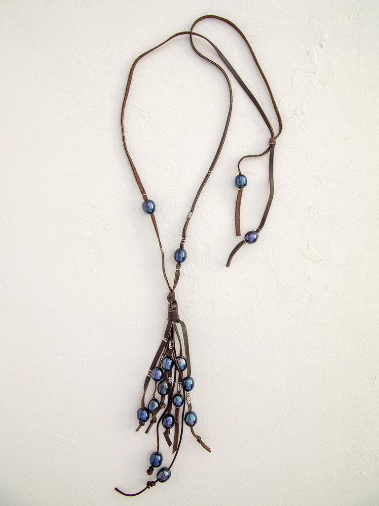 Leather & Black Pearl Boho Necklace-view 1