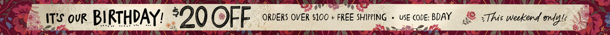 A promotional banner with a red and white striped background featuring the text 'IT'S OUR BIRTHDAY! $20 OFF' in white lettering, along with offer details and a small floral graphic on the right.