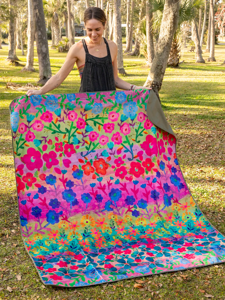 XL Water Resistant Picnic Blanket - Rainbow Floral Rows-view 2