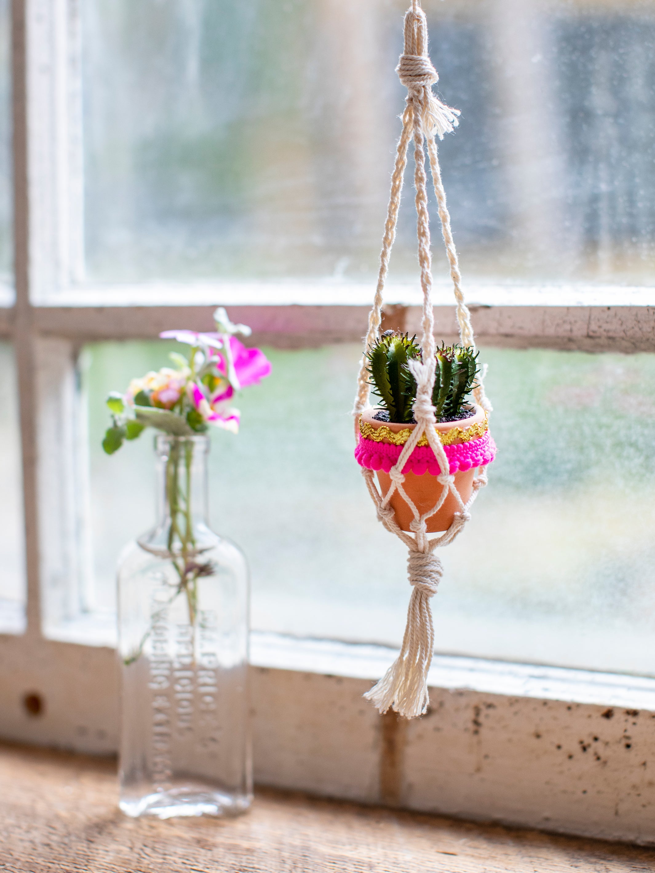 faux succulent car charm Cream Mini Macramé Faux Succulent