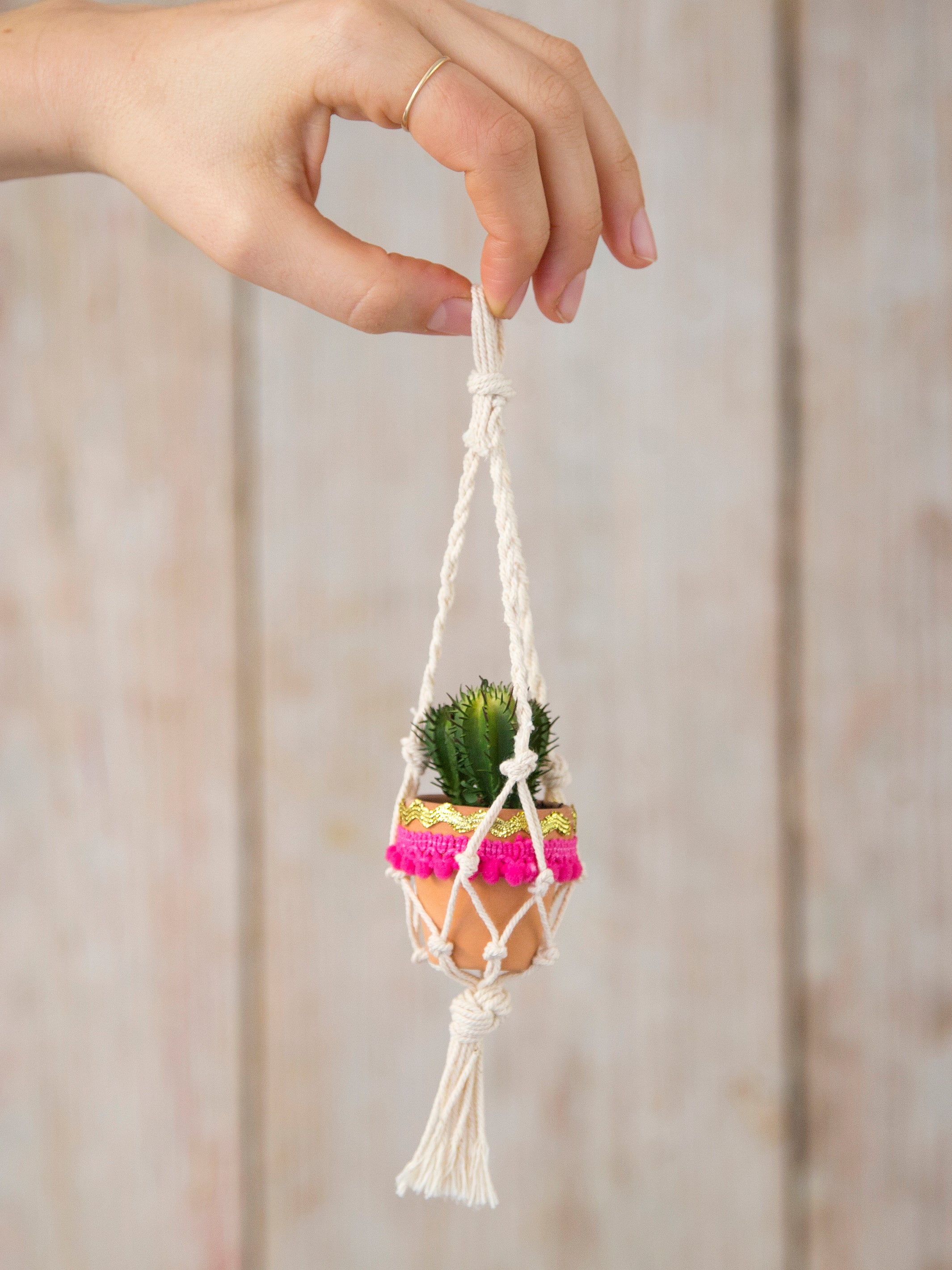 faux succulent car charm Cream Mini Macramé Faux Succulent