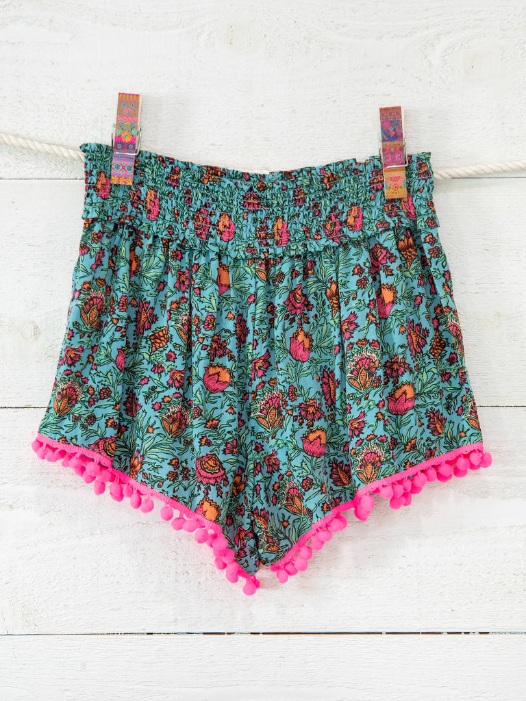Pom Pom Shorts - Turquoise Pink Floral-view 1