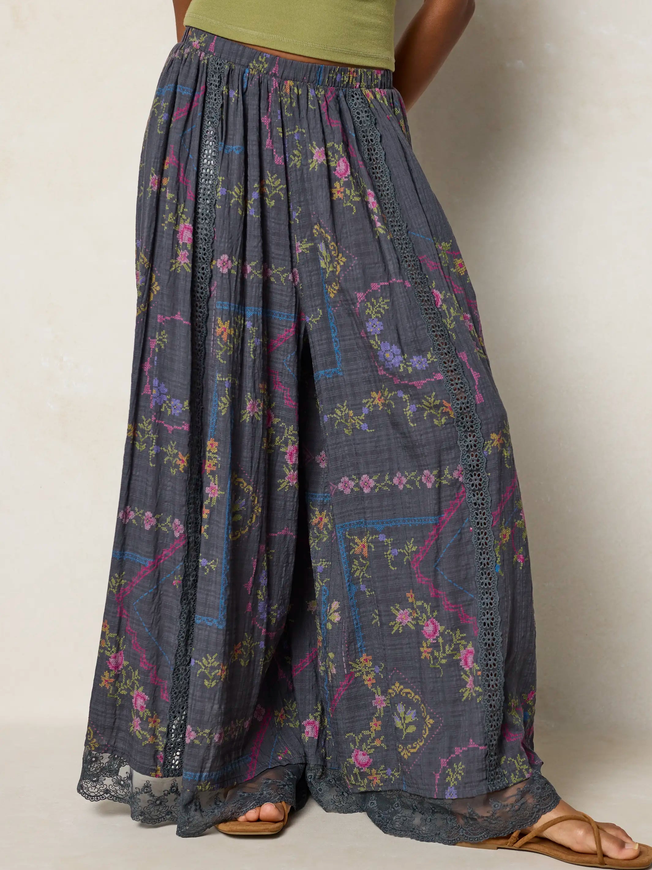 Adeline Wide-Leg Pants - Heirloom Cross Stitch Charcoal – Natural Life