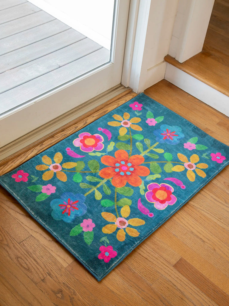 Chenille Rug, 2' x 3' - Teal Folk Floral-view 1