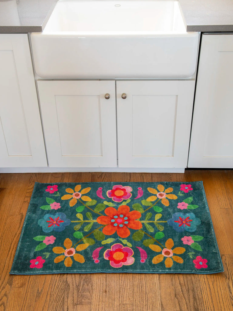 Chenille Rug, 2' x 3' - Teal Folk Floral-view 5