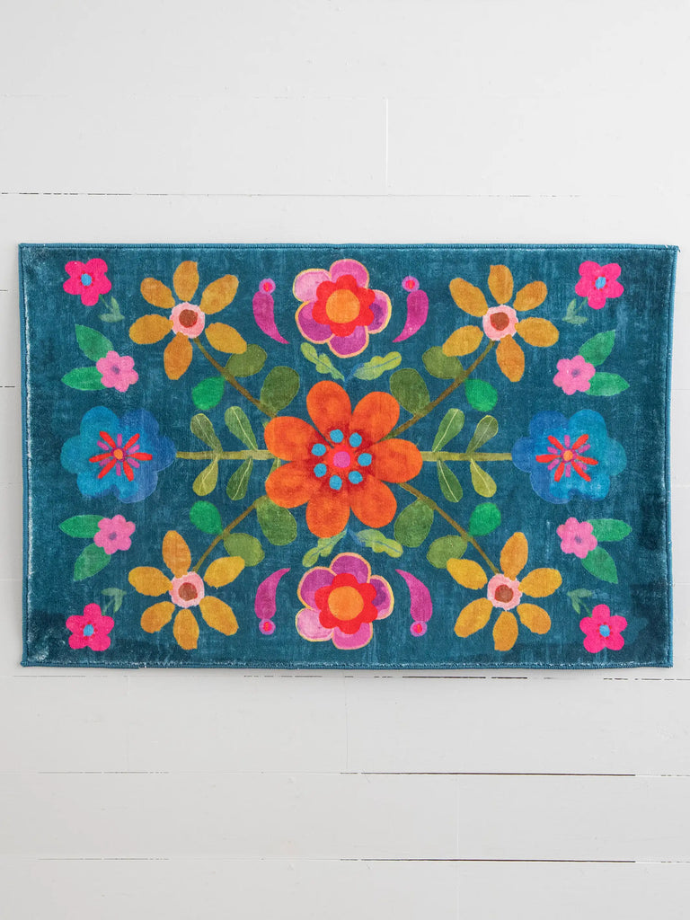 Chenille Rug, 2' x 3' - Teal Folk Floral-view 3