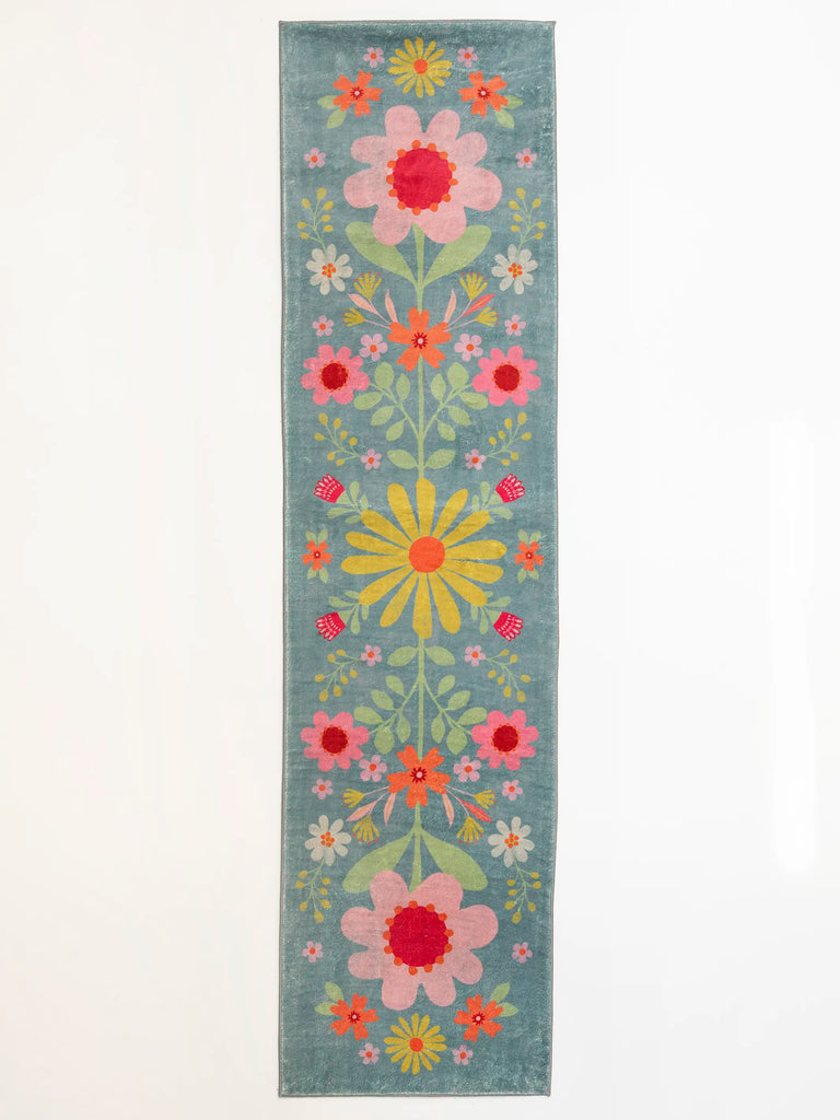 Chenille Rug, 2' x 8' - Turquoise Folk Flower-view 1
