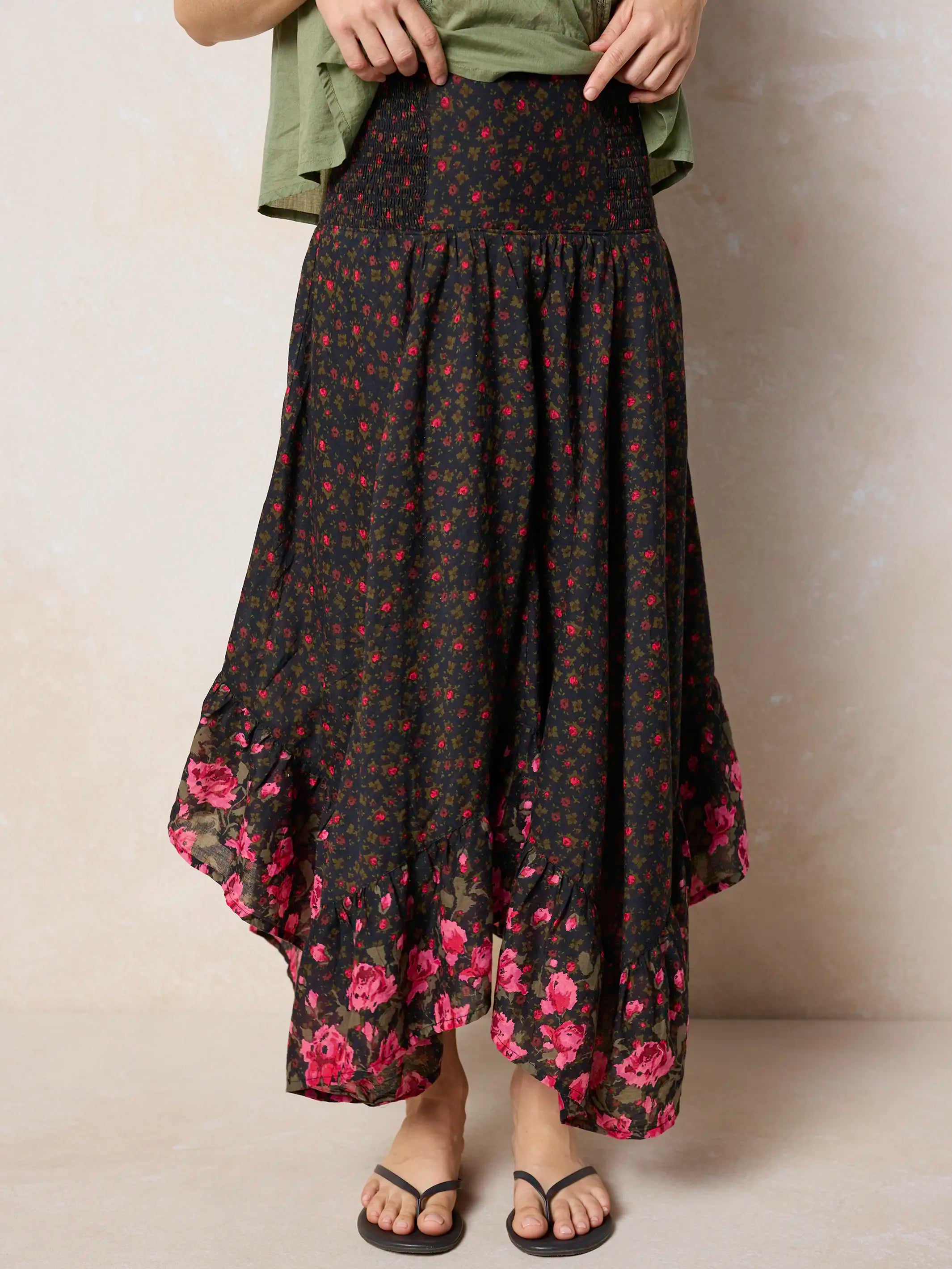 Lu.rumika I-Line Skirt/ブラックフラワー Feelin' Alive Convertible Midi Skirt - Black Fuchsia Floral