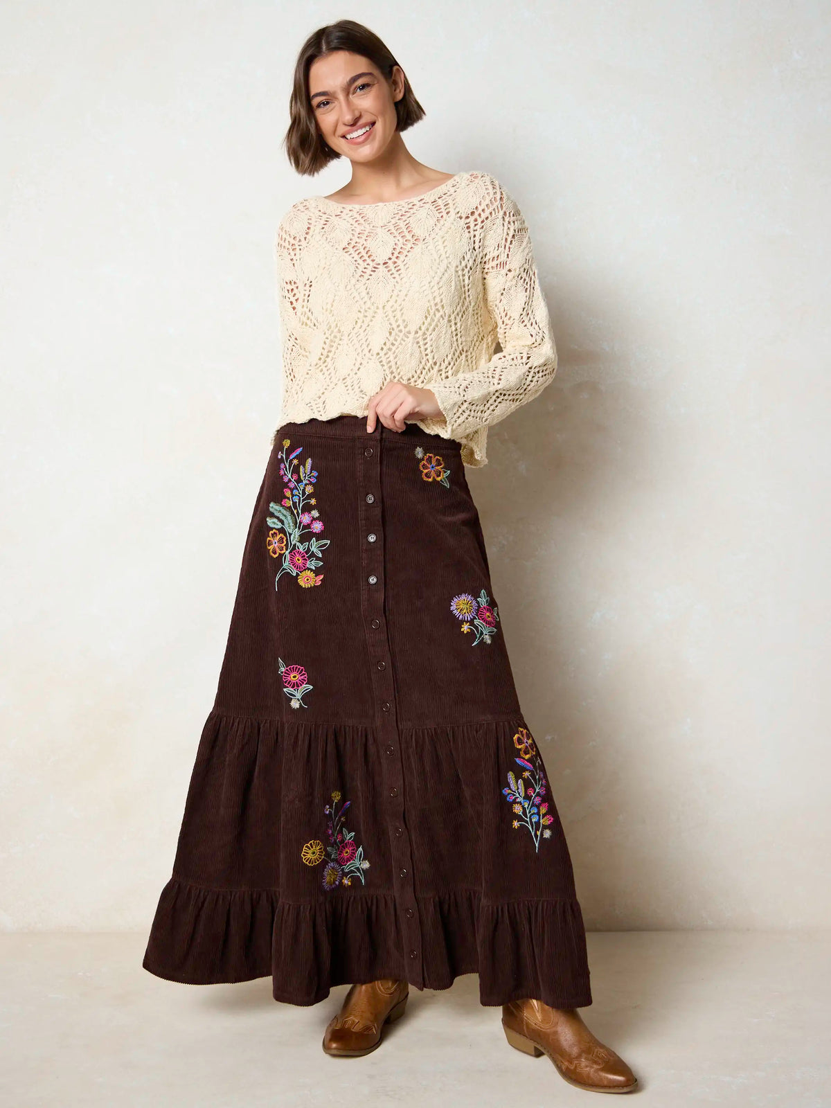 Free Fallin' Embroidered Corduroy Maxi Skirt - Brown Rainbow