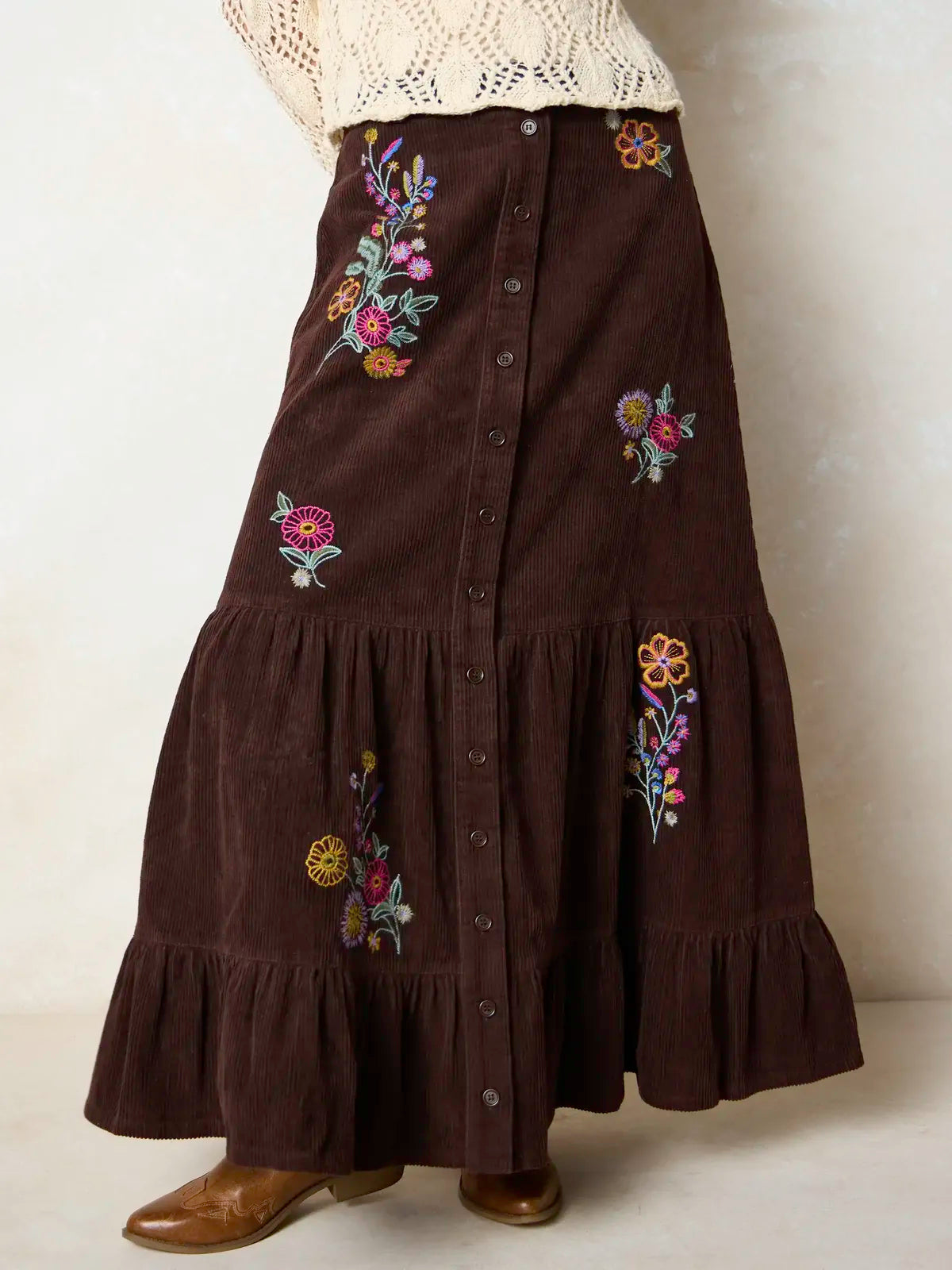 Free Fallin' Embroidered Corduroy Maxi Skirt - Brown Rainbow