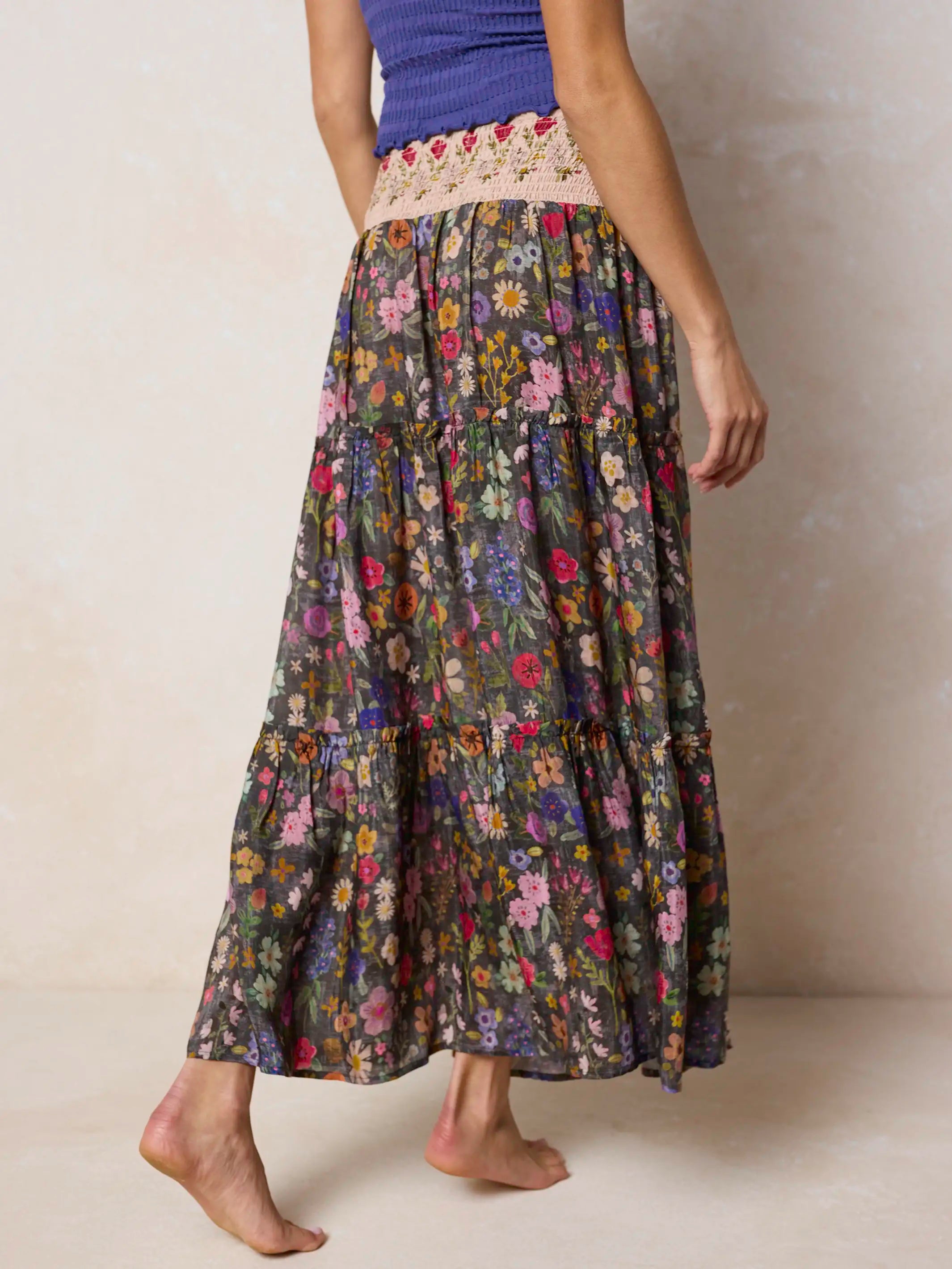Karlie Embroidered Tiered Maxi Skirt - Flung Floral Wildflowers