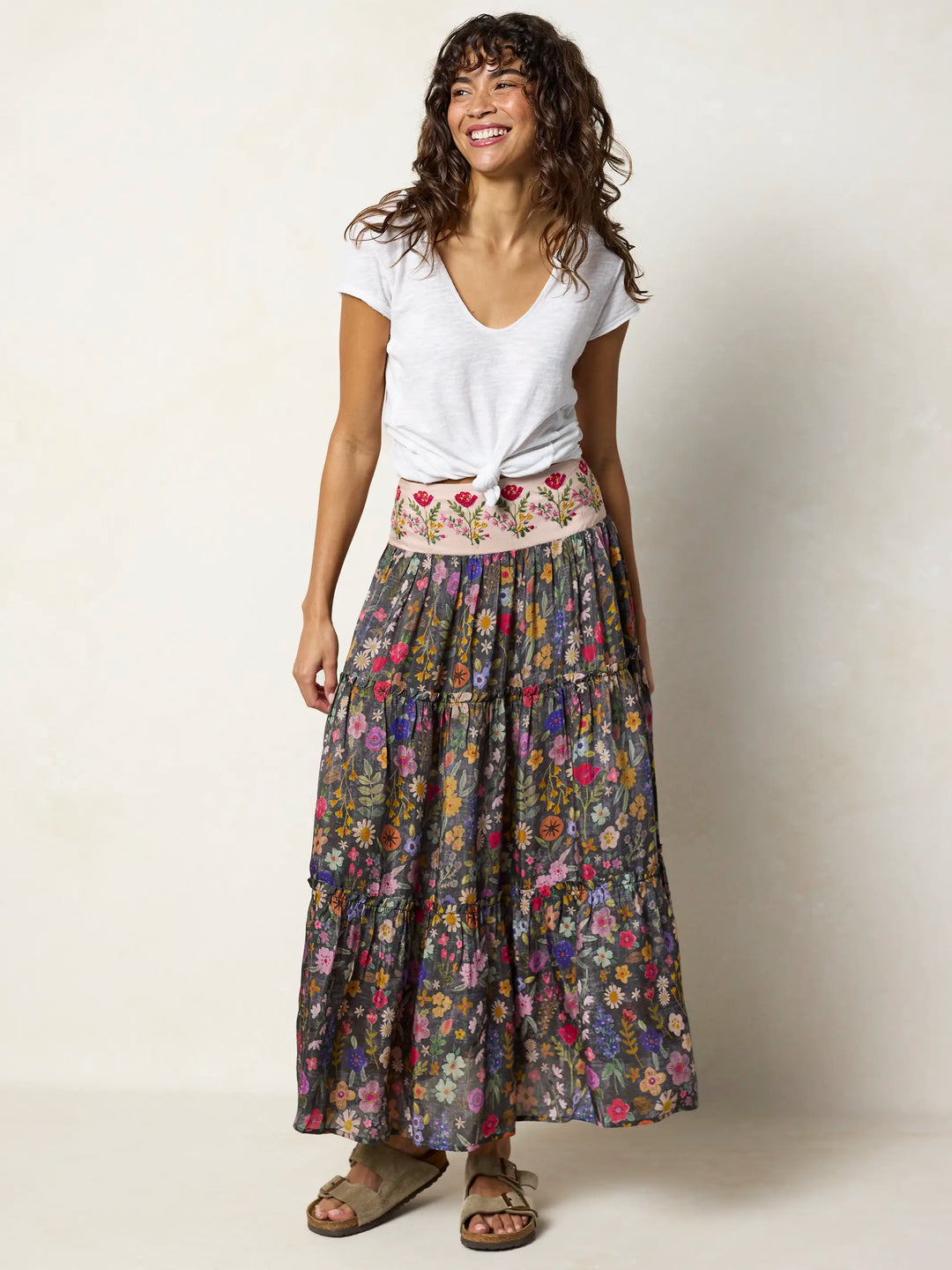 Karlie Embroidered Tiered Maxi Skirt - Flung Floral Wildflowers