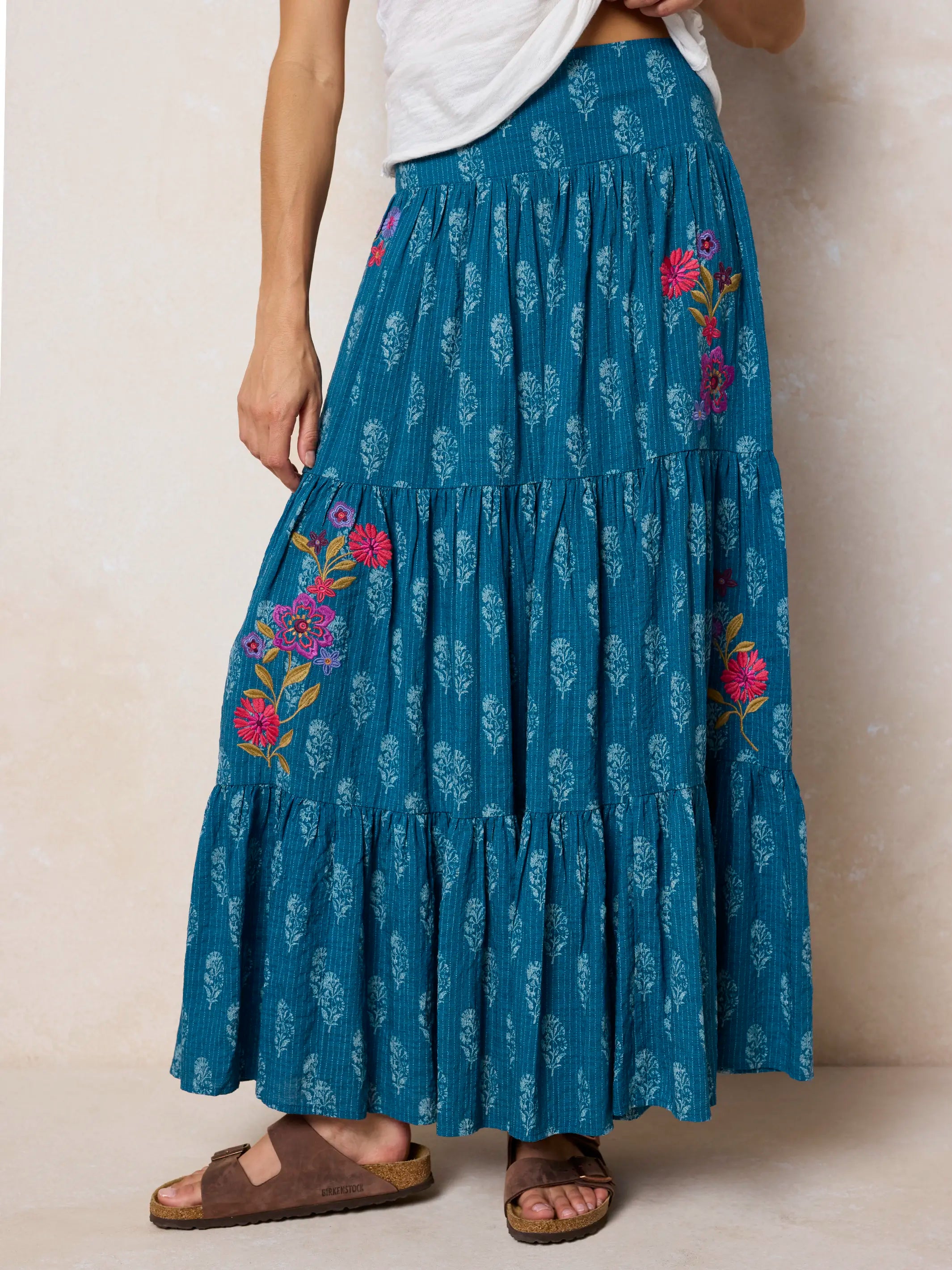 Hanna Embroidered Convertible Maxi Skirt - Block Stamp Indigo Hanna Embroidered Convertible Maxi Skirt - Block Stamp Indigo