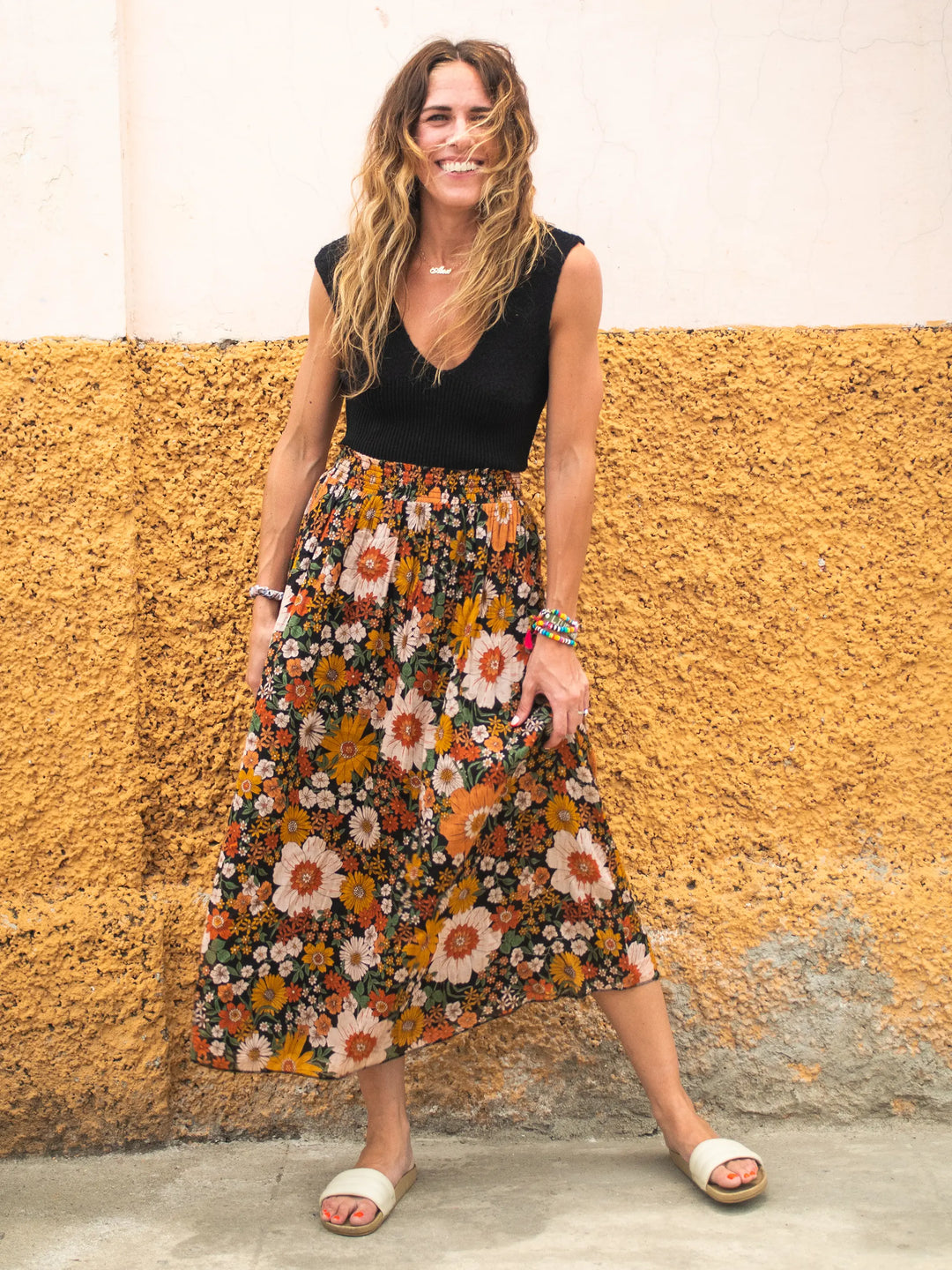 Maylin Midi Skirt Orange Floral – Natural Life - Main Image