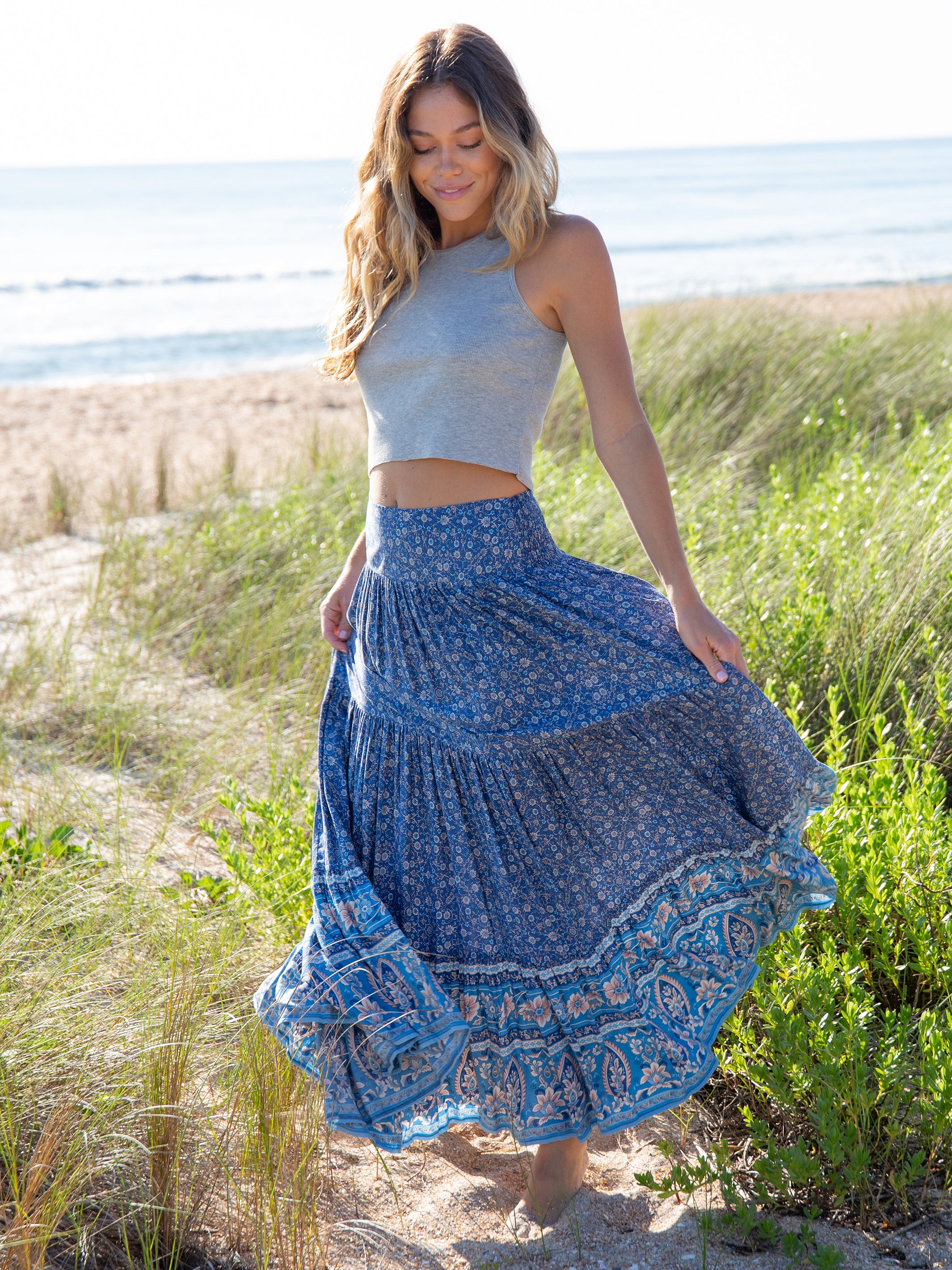 Hanna Convertible Maxi Skirt - Blue Floral Border – Natural Life
