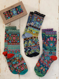 Boho Sock Set, Set of 3 - Blue Floral-view 1