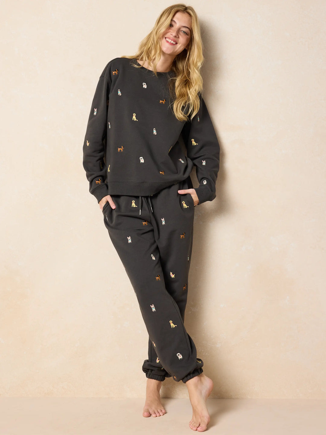 Fave Little Things Embroidered Sweatshirt - Charcoal Dogs