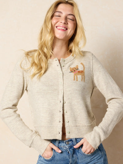 Intarsia Icon Cardigan Sweater - Cream Cat-view 2