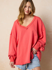 Kick Back Cotton V-Neck Pullover Sweatshirt - Coral-view 1