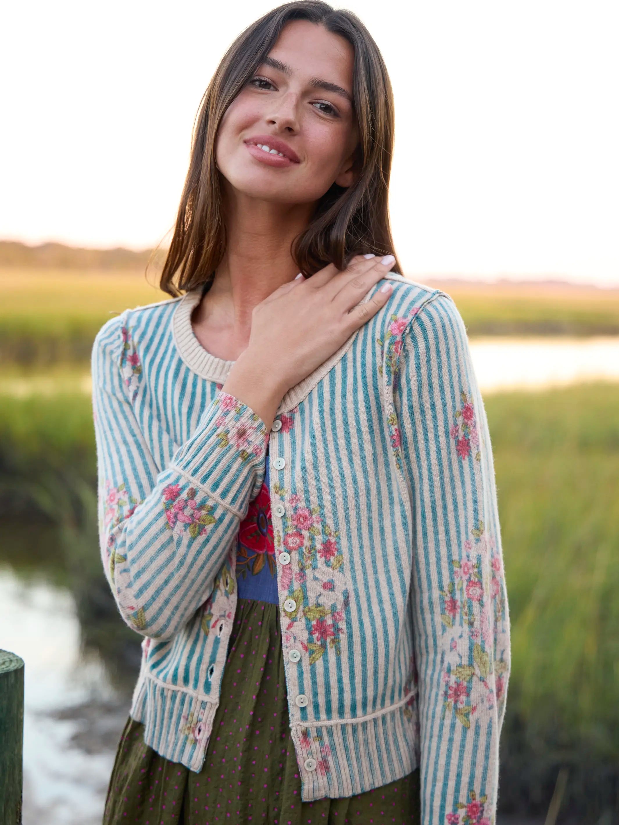 トップス Life Word Embroidery Knit Cardigan Your Everything Cardigan Sweater - Jaipur Stripe Teal – Natural Life