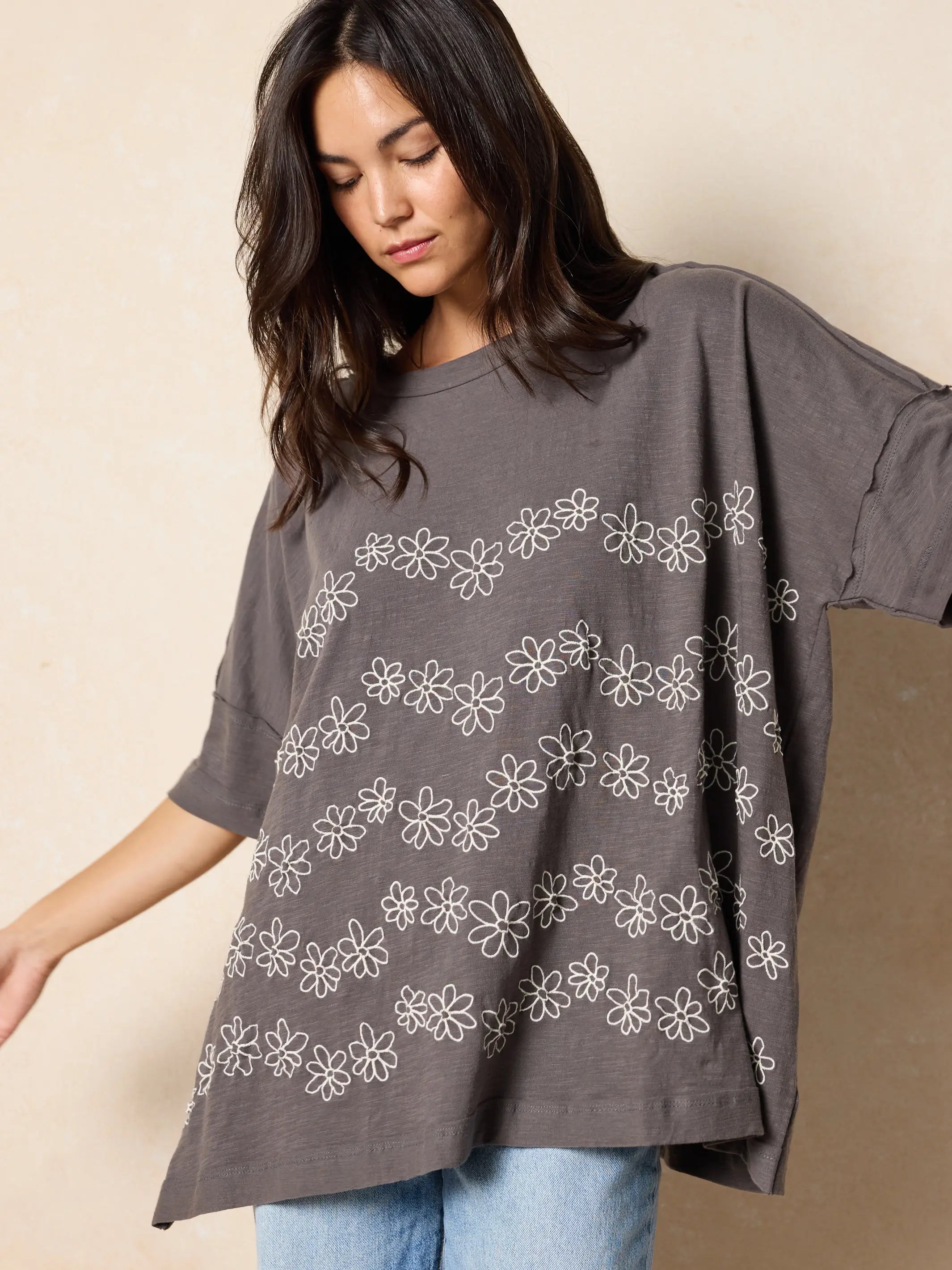Embroidered Oversized Cotton Tee - Washed Black – Natural Life