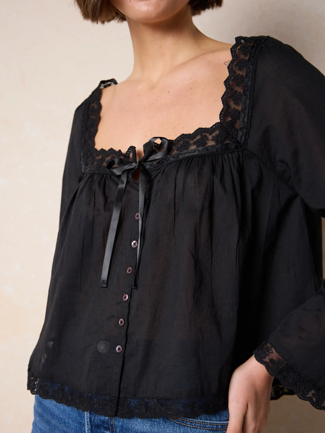 Prettiest Cotton Lace Long Sleeve Blouse - Black