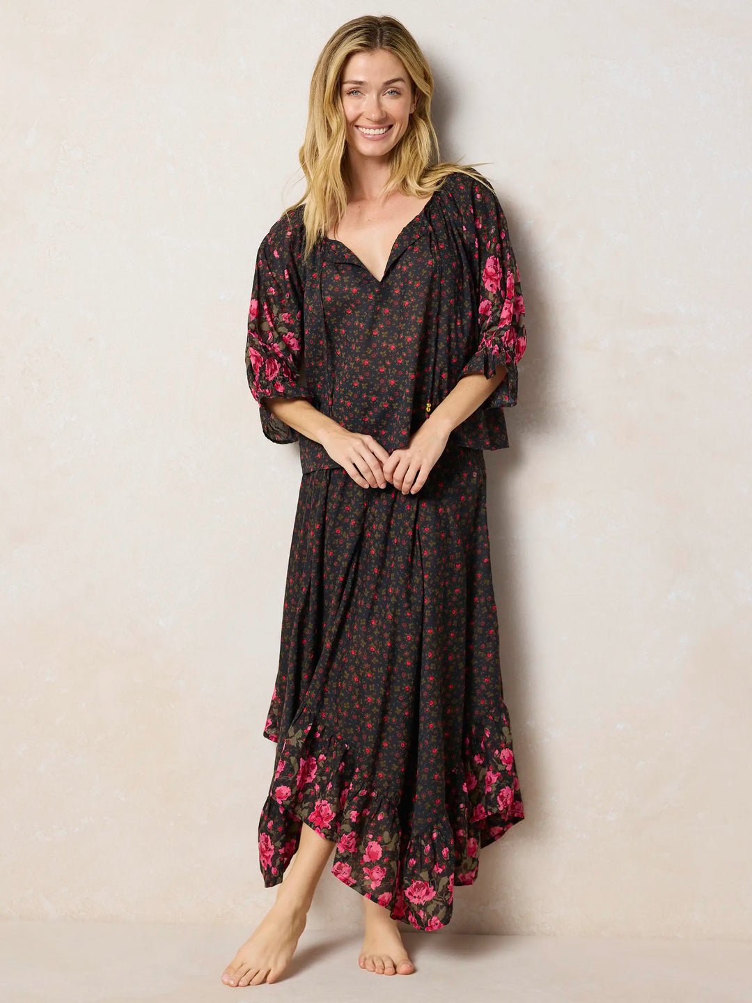 Feelin' Alive Convertible Cotton Midi Skirt - Black Fuchsia Floral
