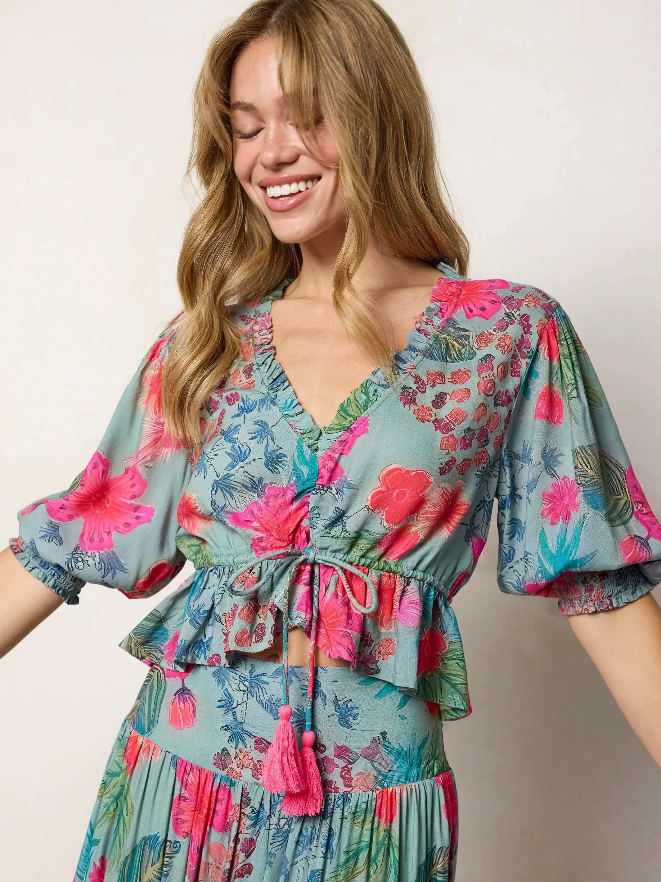 Elisa Ruffle Tie Top - Neon Tropical Floral – Natural Life