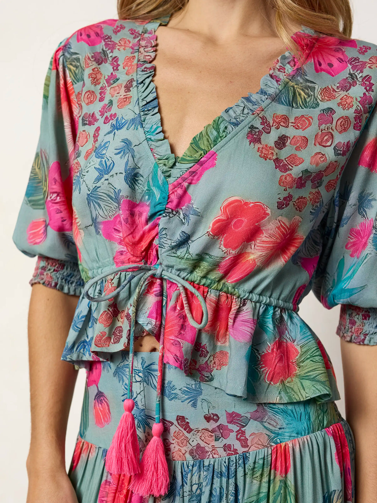 Elisa Ruffle Tie Top - Neon Tropical Floral – Natural Life