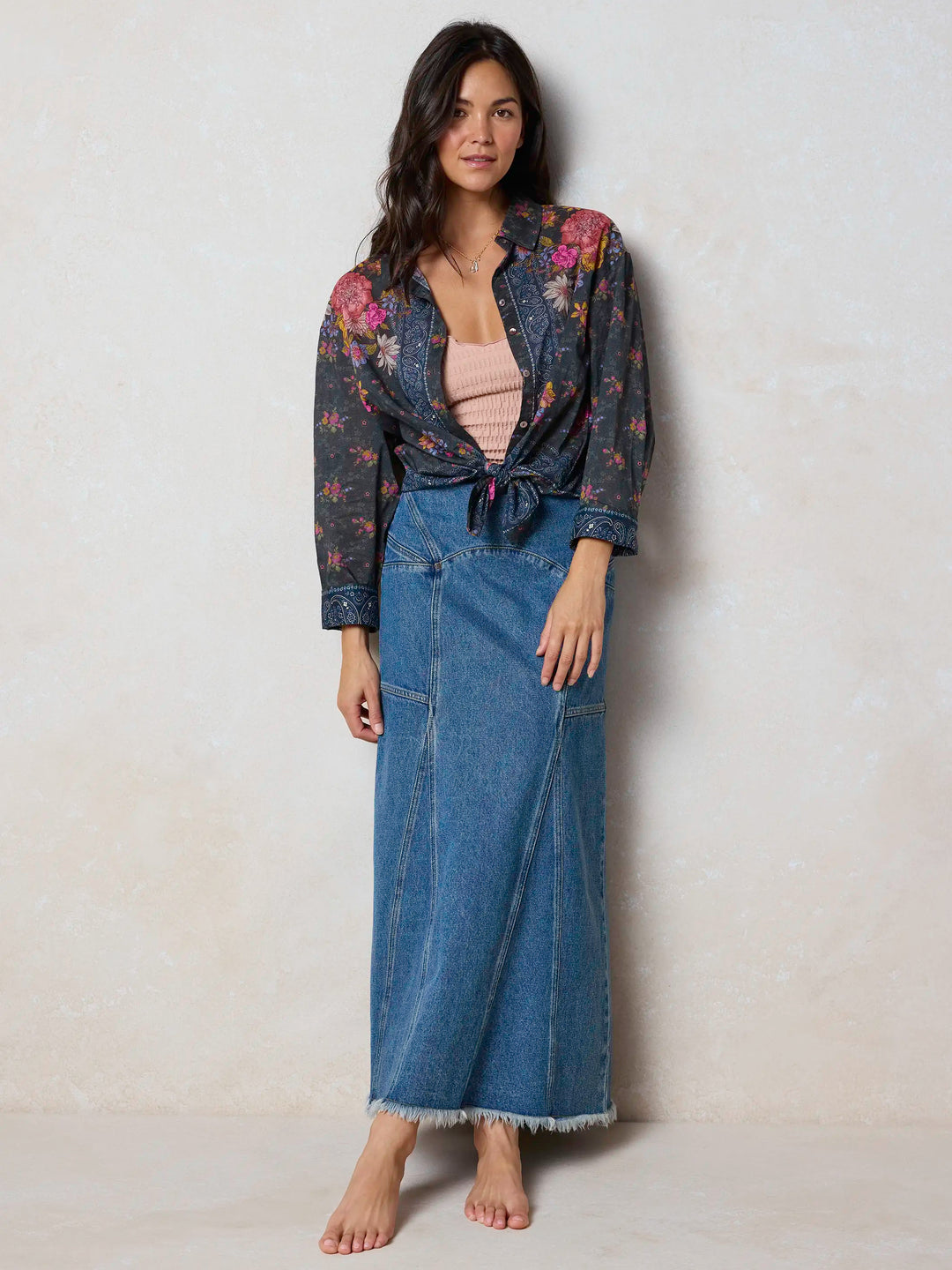 Fitted Cotton Denim Maxi Skirt