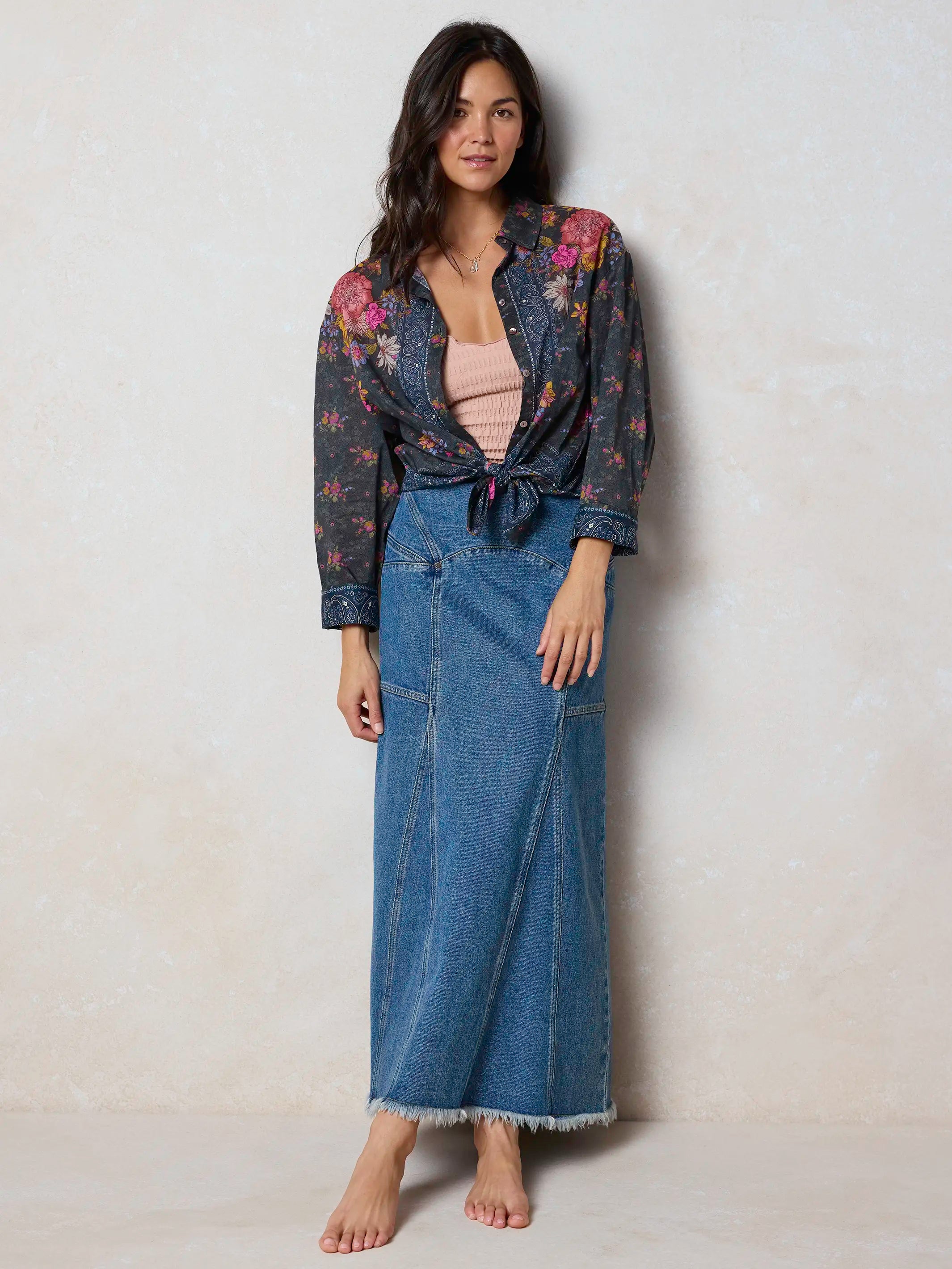 Fitted Cotton Denim Maxi Skirt