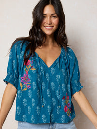 April Embroidered Top - Block Stamp Indigo-view 1