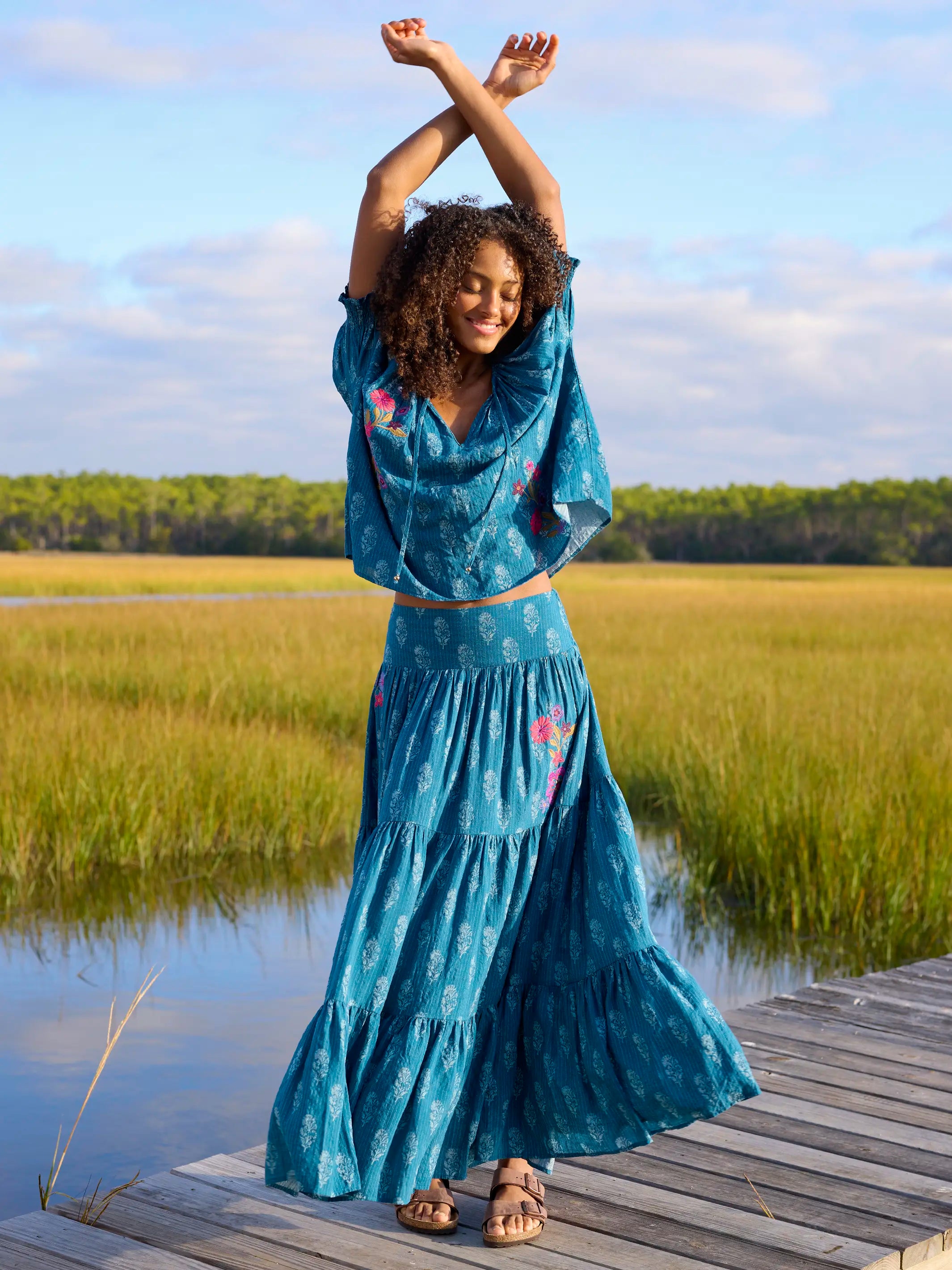 Hanna Embroidered Convertible Maxi Skirt - Block Stamp Indigo Hanna Embroidered Convertible Maxi Skirt - Block Stamp Indigo