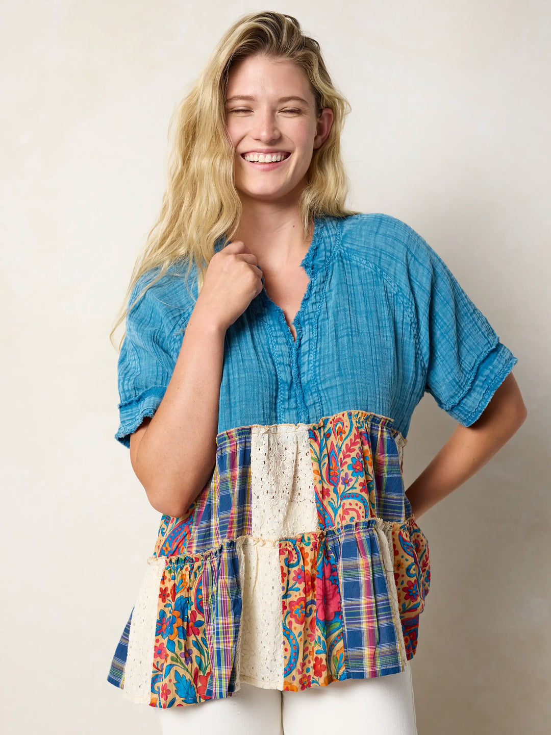 Ani Patchwork Top - Plaid Blue Fuchsia – Natural Life