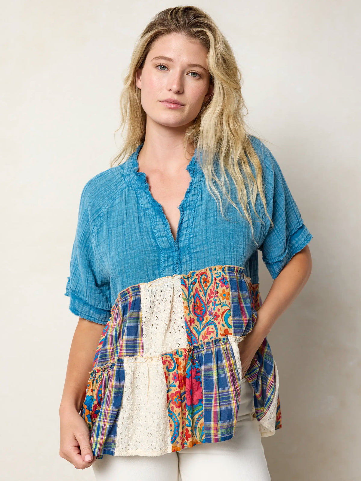 Ani Patchwork Top - Plaid Blue Fuchsia – Natural Life