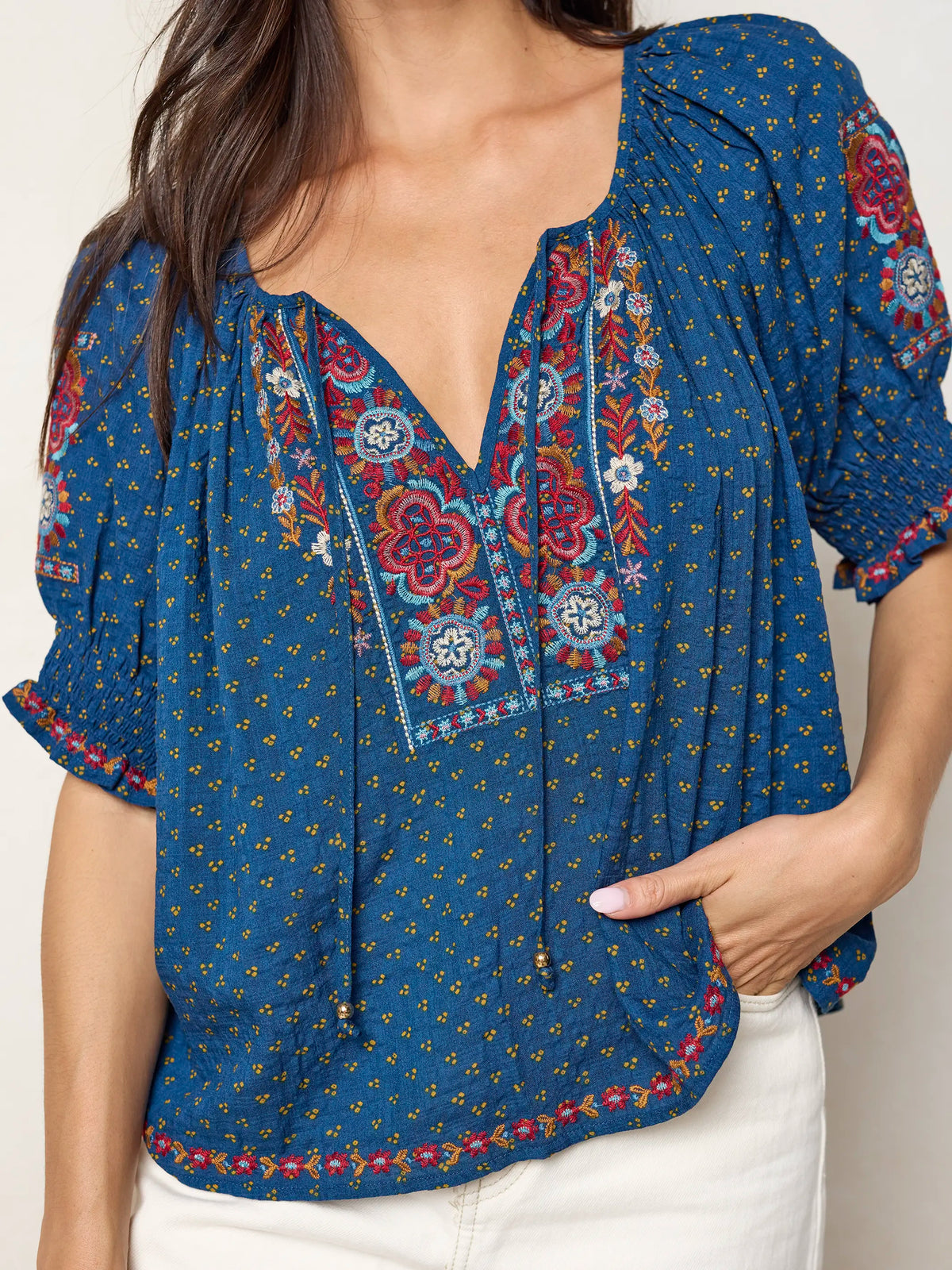 April Embroidered Top - Drawn Dots Navy – Natural Life