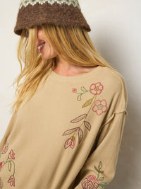 Cream ribbed long-sleeve top with embroidered pink and green floral designs, paired with a brown and cream striped knit beanie.