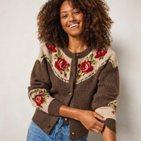 girl in brown rose jacquard sweater